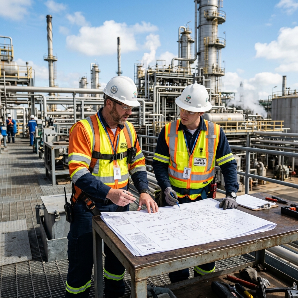 Ingenieros y técnicos en sitio industrial